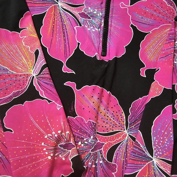 Trina Turk Fleury Pink and Black Floral Long Sleeve Swimsuit XL - Picture 2 of 6